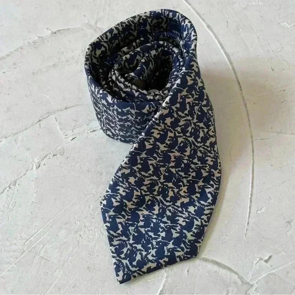 HERMES Men's Necktie Tie Silk High Brand All Over Easter Rabbit Pattern Blue